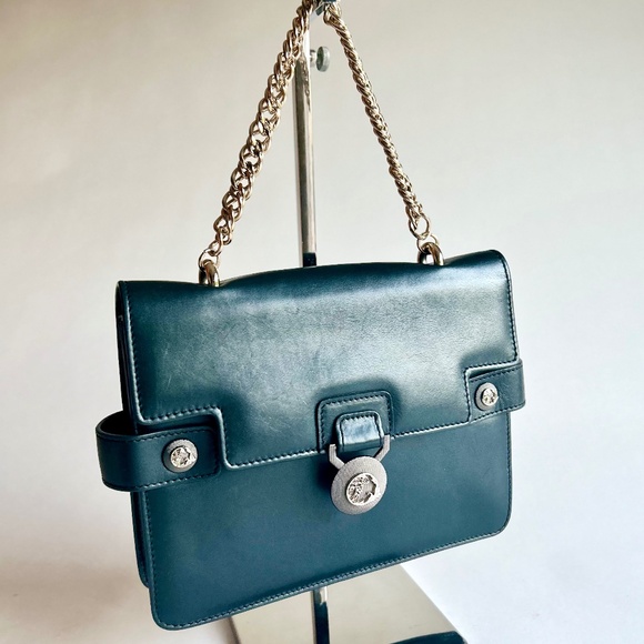 Versace Collecting Navy Genuine Leather Gold Chain Handbag Shoulder Bag - Picture 2 of 16